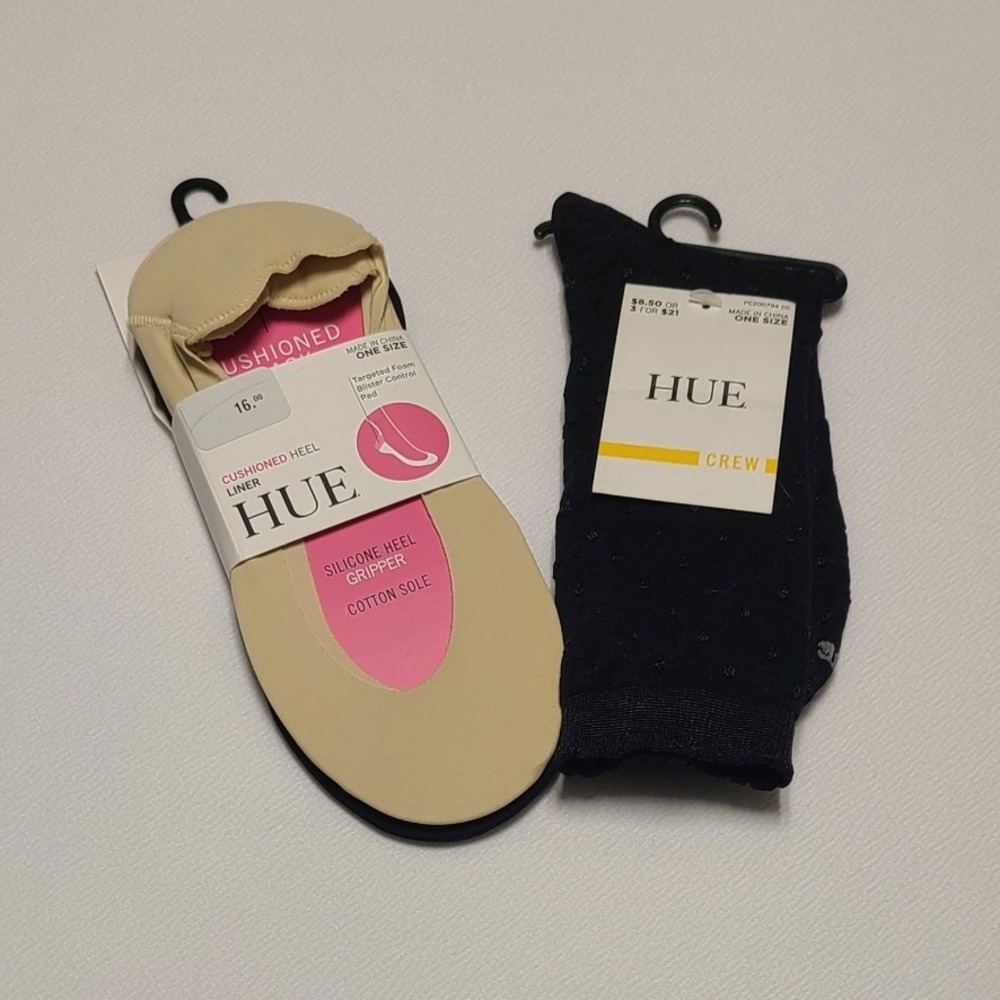 HUE Women's Socks Bundle 2 Cushioned Heel Liner Tan & Black/ 1 Swiss Dot Crew